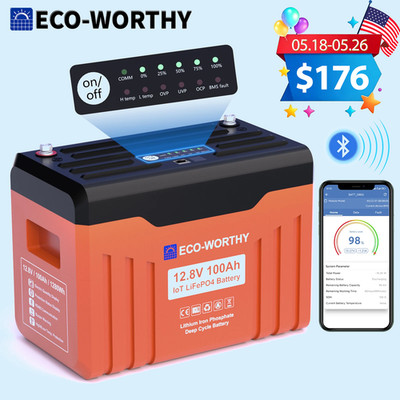ECO-WORTHY 1280Wh 12V 100AH LiFePO4 Lithium Battery With SOC Display Bluetooth