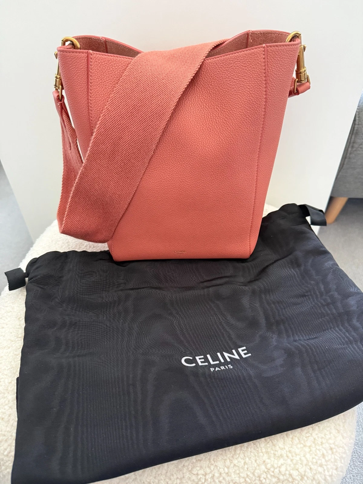 Celine — Celine Sangle Small Bucket bag in soft grained calfskin (LYCHEE) with dust bag