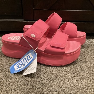 Hey Dude Delray Slide Mono Electric Pink Platform Sandals Women s Size 10