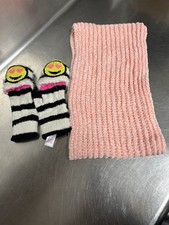 Lot of 2 Justice Orange Scarf  Black White Striped Emoji Mittens One Size VGUC
