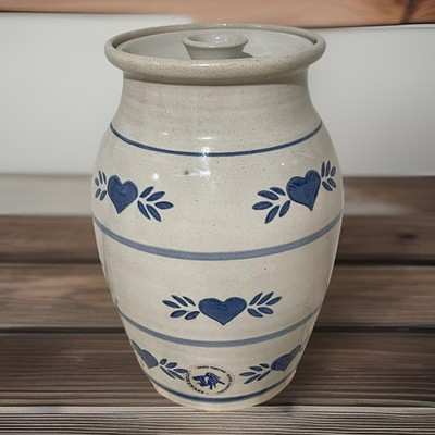 VTG North Carolina Stoneware Crock Jar Canister 11  Heart & Floral Design W/ Lid