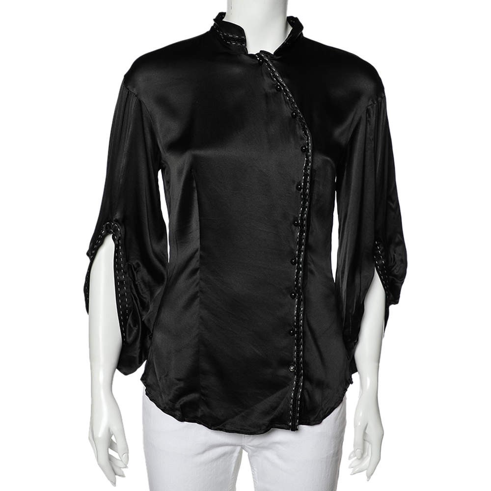 Class by Roberto Cavalli Black Silk Satin Button Front Top M