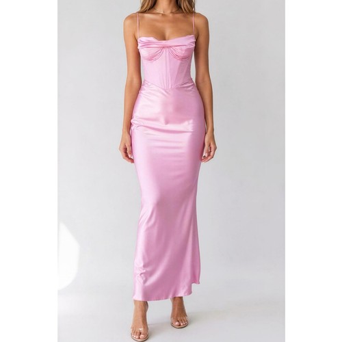 $285 NWT HOUSE OF CB Charmaine Corset Satin Maxi Dress, Pink, Small