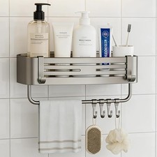 Corner Shower Shelf Caddy Suction Cup, No Drill Hole with Towel Bar and Hook,