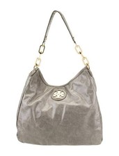 Tory Burch Grey Metallic Leather Snap Shoulder Bag Gold Hardware Preowned