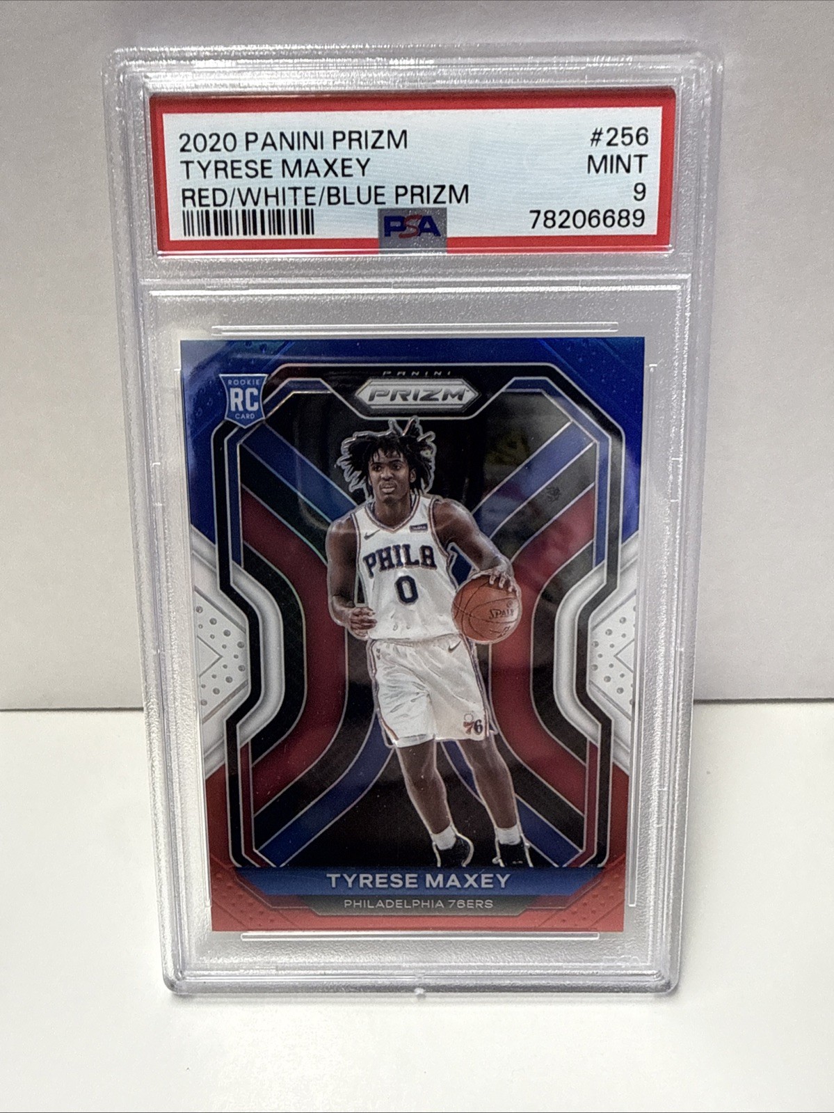 2020 PANINI PRIZM TYRESE MAXEY RED/WHITE/BLUE PRIZM #256   PSA 9 MINT