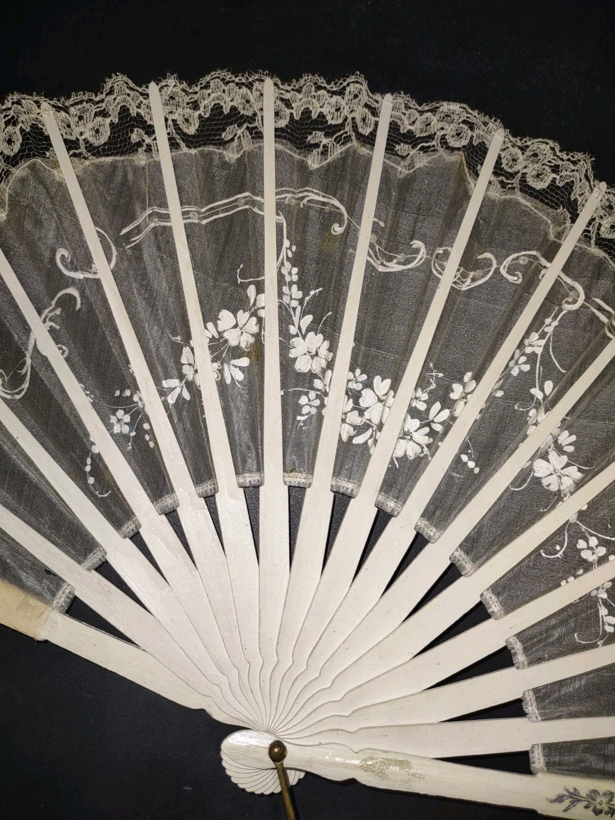 Vintage Victorian French Silk & Lace Wood Fan- Silver Inlay Accents- Handmade