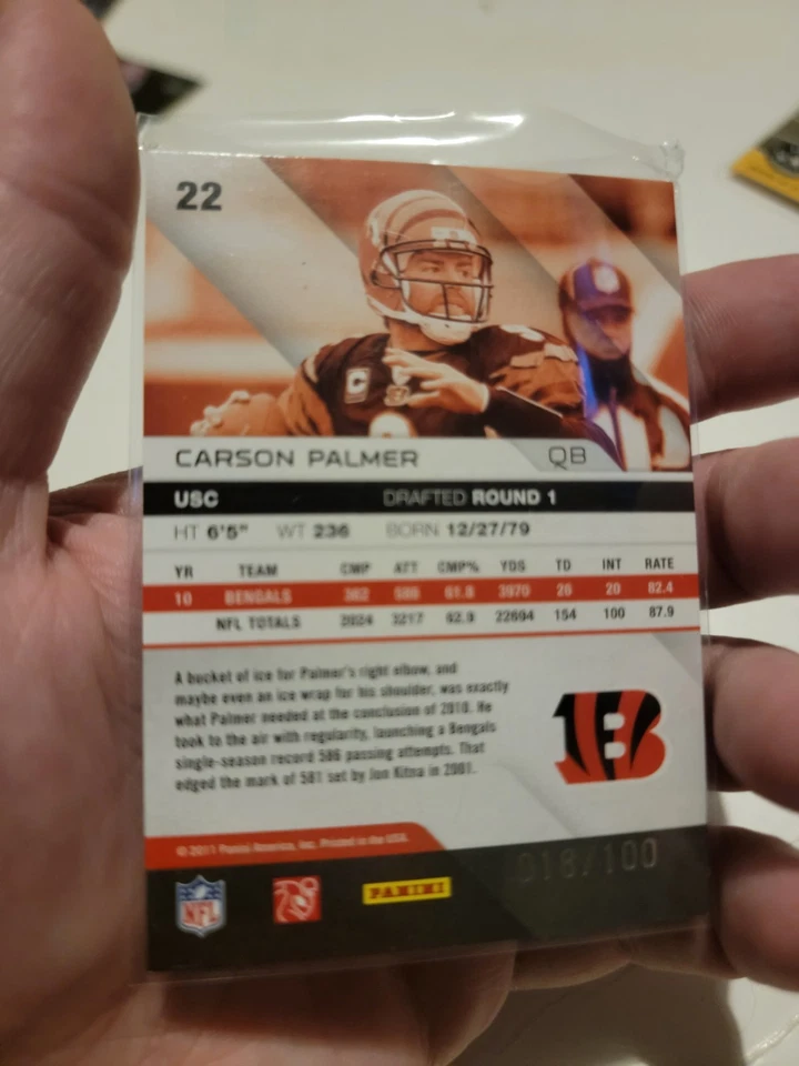 Cartão de futebol Panini Spectrum Carson Palmer Cincinnati Bengals Insert /100 - Imagem 3 de 3