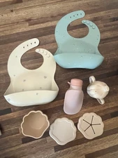 Konges Slojd + Mushie Silicone Lot Tableware Bowl Sippy cup Bibs Smoothie Bags