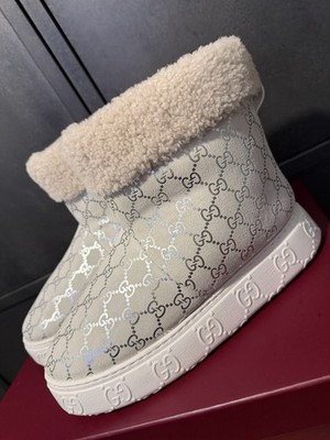 Gucci Damen Winterstiefel Silber GG Supreme Monogramm Fell Wildleder Größe 6,5 UK/EU39,5