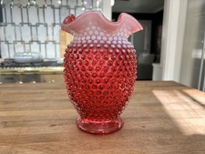 Fenton Cranberry Opalescent Hobnail Glass Vase Ruffled Rim
