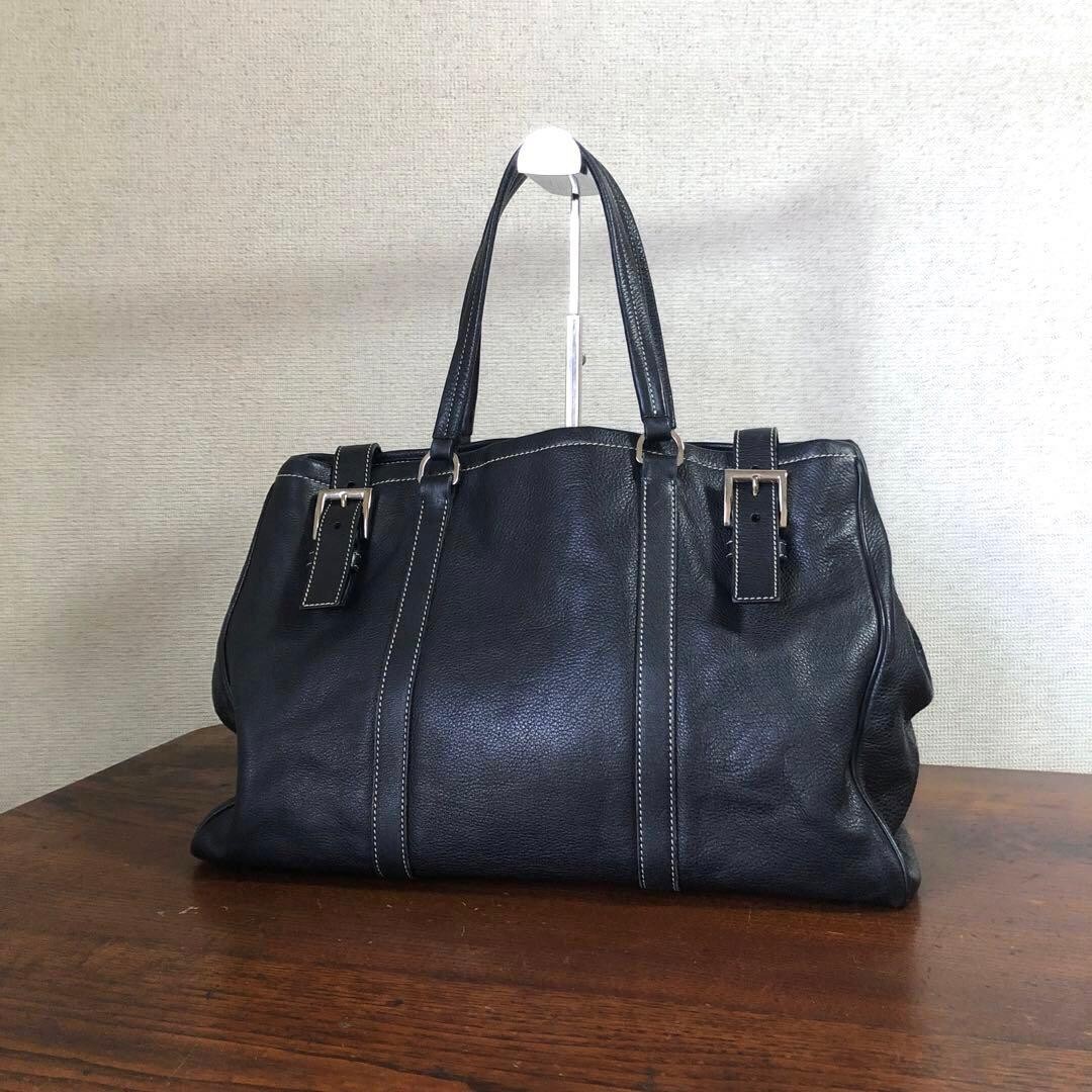 PRADA Women's Tote Bag Handbag Stitch Leather Black Authentic Used Archive