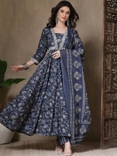 Indian Women Blue Cotton Floral Printed Anarkali Kurta With Palazzo Dupatta
