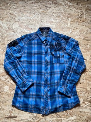 Blue & Black Y2K Plaid Long sleeve embroided shirt XL Slim fit men's