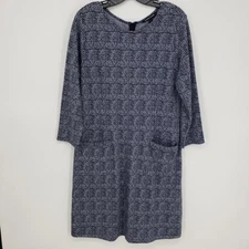 41 Hawthorn Aniya Plaid Jacquard Knit Shift Dress L Pockets Short Work Navy Blue