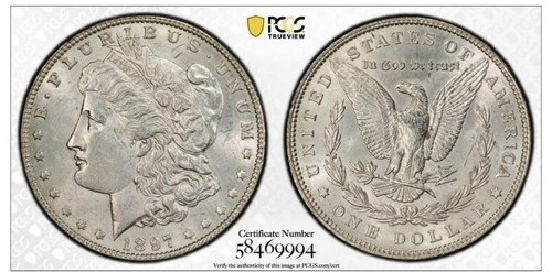1897 P Morgan US Silver Dollar PCGS Uncirculated Detail Gold Shield True View $1