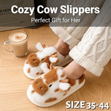 Cute Cow Fuzzy Slippers Women's Warm Fleece Lined Comfort Non-Slip Indoor Causal