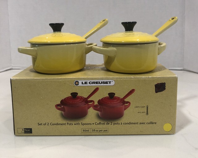 Dijon Yellow Le Creuset Set Of 2 Condiment Pots With Spoons New In Box
