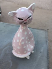 Cat Coin Bank MCM Pink Polka Dot   Vintage Hand Painted Italian Pottery 