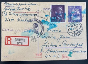 1944 Limanow GG Germany PC Chemical Censored Cover To Lisboa Portugal