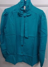 True Vtg Womens Size 12 Aqua Blue Ruffled Neck Shirt Blouse Montgomery Ward NWT