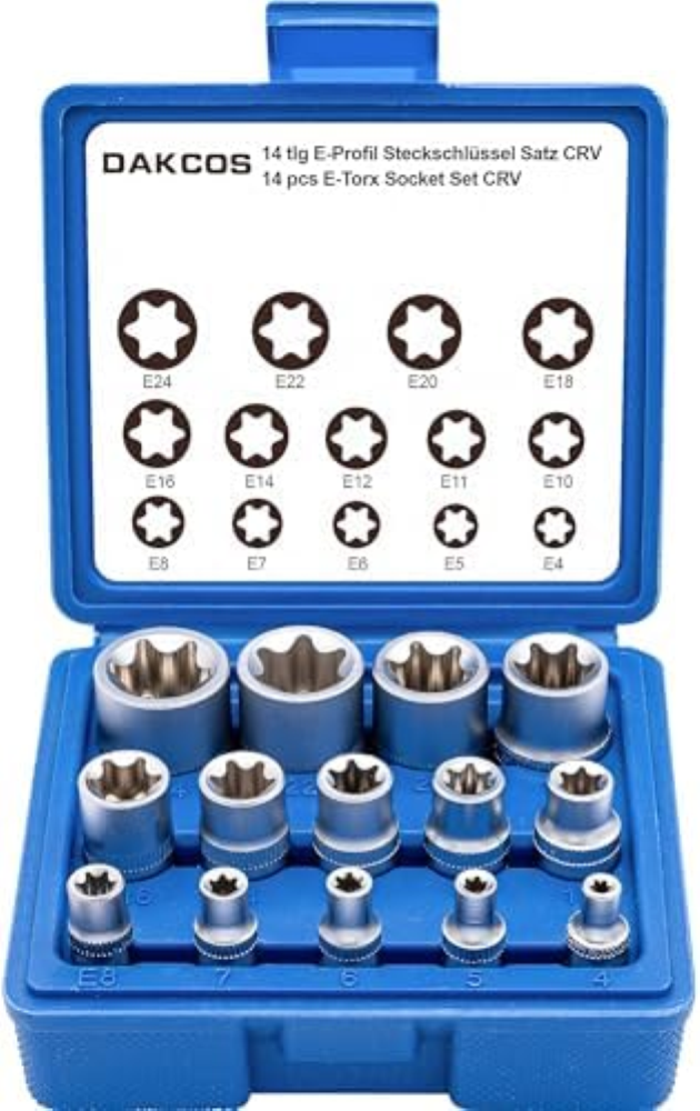 DAKCOS Set di 14 Pezzi di Prese Femmina Torx, Set di Chiavi a Bussola E-Torx da