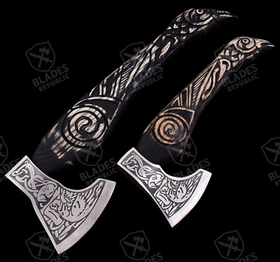 Viking Axe Set Of 2, Handforged ravens of Odin crows engraved Viking Nordic Axe