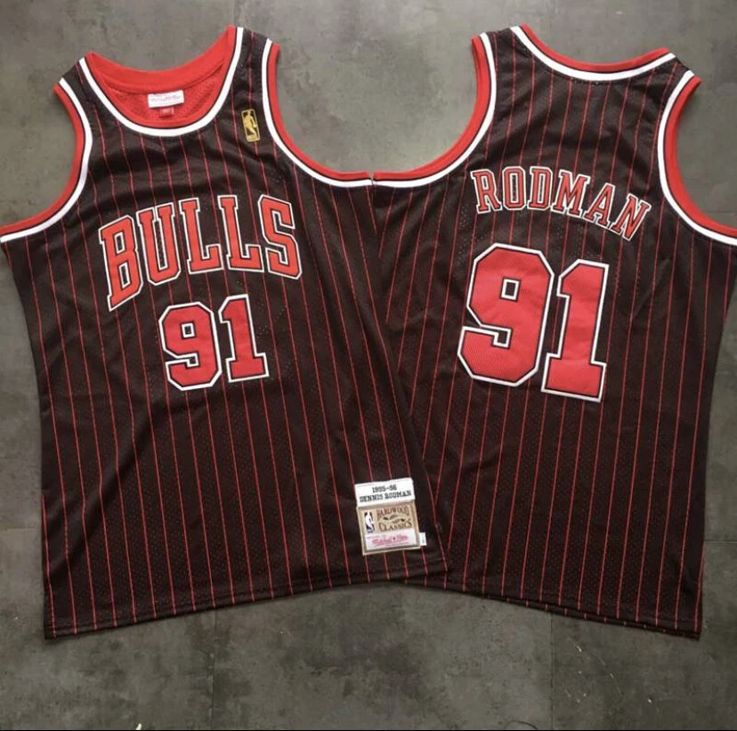 Chicago Bulls Dennis Rodman Black Pinstriped basketball retro jersey
