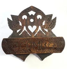 Folk Art Carved Wooden Wall Comb Box 1930s - 1940s