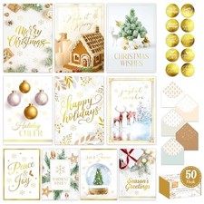 50 Pack Gold Foiled 5x7in Winter White Bulk Christmas Cards with Envelopes