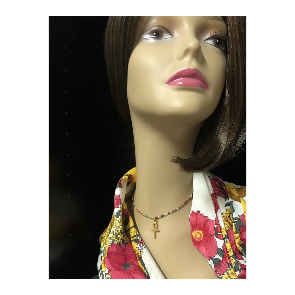 Dije Ankh enchapado en oro amarillo y collar de cuentas de ágata con anillo Ankh Foto 3 de 4