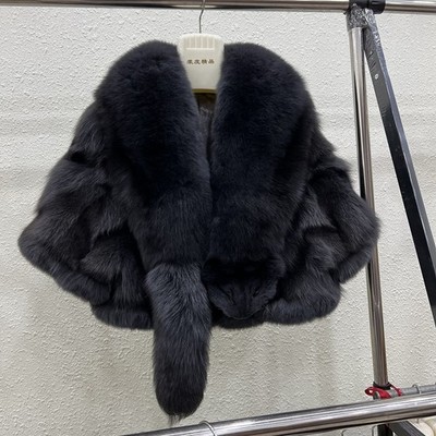 Luxury Womens Natural Fox Fur Coats Warm Cloak Cape Warm Fur Trim Top Outwear Sz