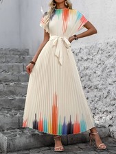 Women'S Gradient Color Batwing Sleeve Belted Pleated Long Dress
