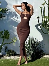 Chocolate Brown Cut Out Front Ruched Bust Back Split Ladies Dress Size L 12