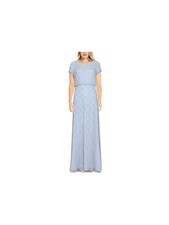 ADRIANNA PAPELL Womens Light Blue Short Sleeve Full-Length Gown Dress 2