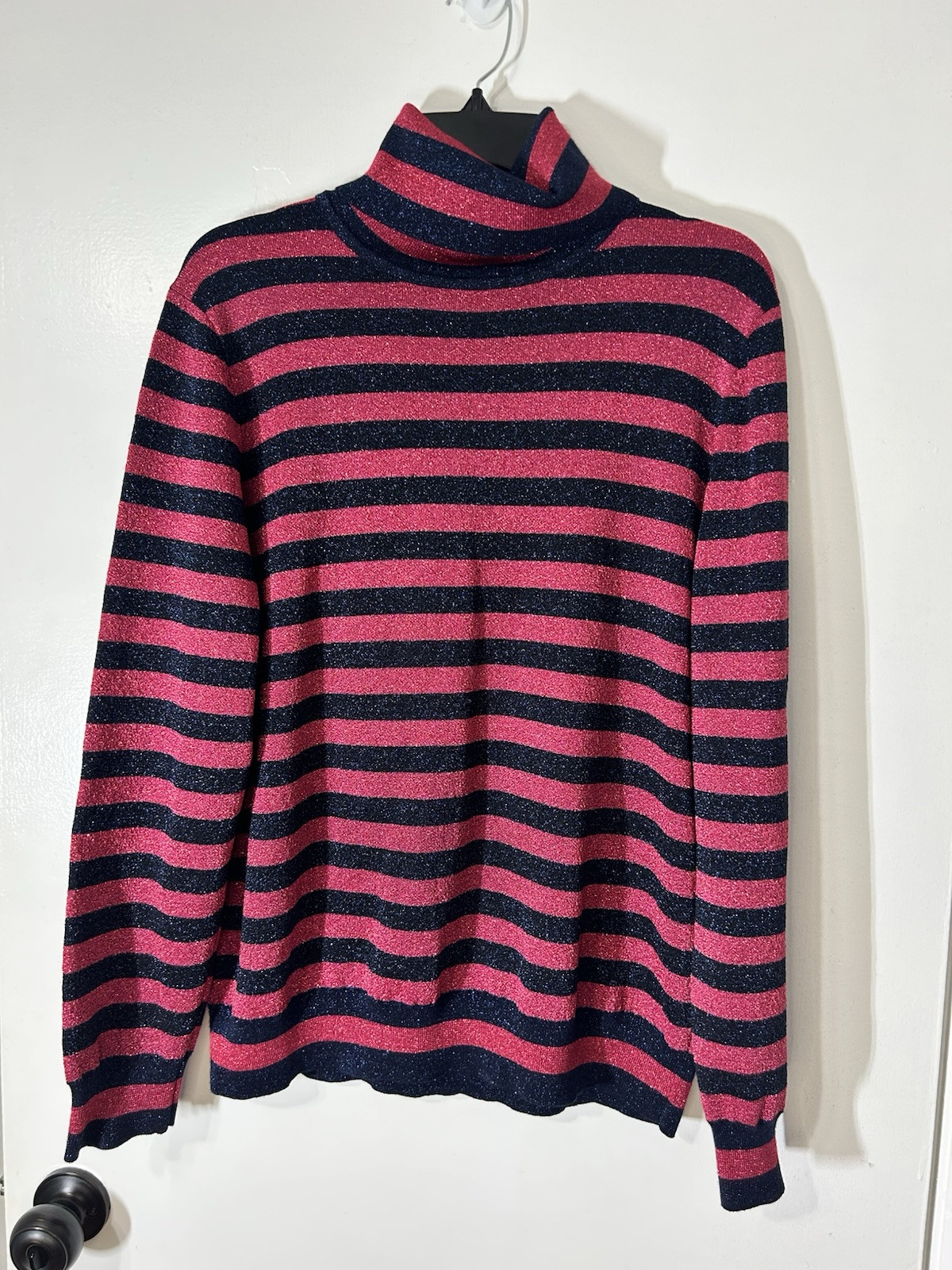 Women's Barbie Pink Navy Sparkle Striped Preppy Turtleneck