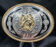 Vintage Alpaca Western Cowboy Belt Buckle Lucky Horse Shoe Horse Head Mexico