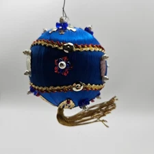 Vintag3 Handmade Blue Gold Decorative Ornament Beaded Sequin Gold Tassel Holiday