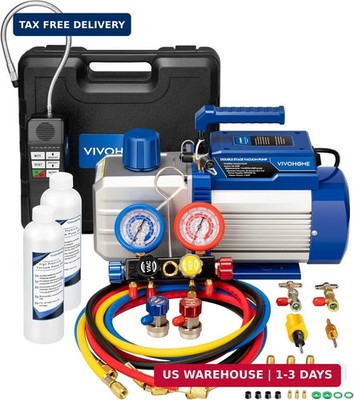 VIVOHOME 1.5 HP 14.4 CFM 2 Stage HVAC Vacuum Pump and 4 Way AC Manifold Gauge Se