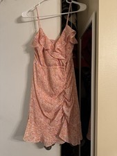 Women’s Pink Abstract Slip Midi Dress S Regular V-Neck Sleeveless Ruched Ruffle