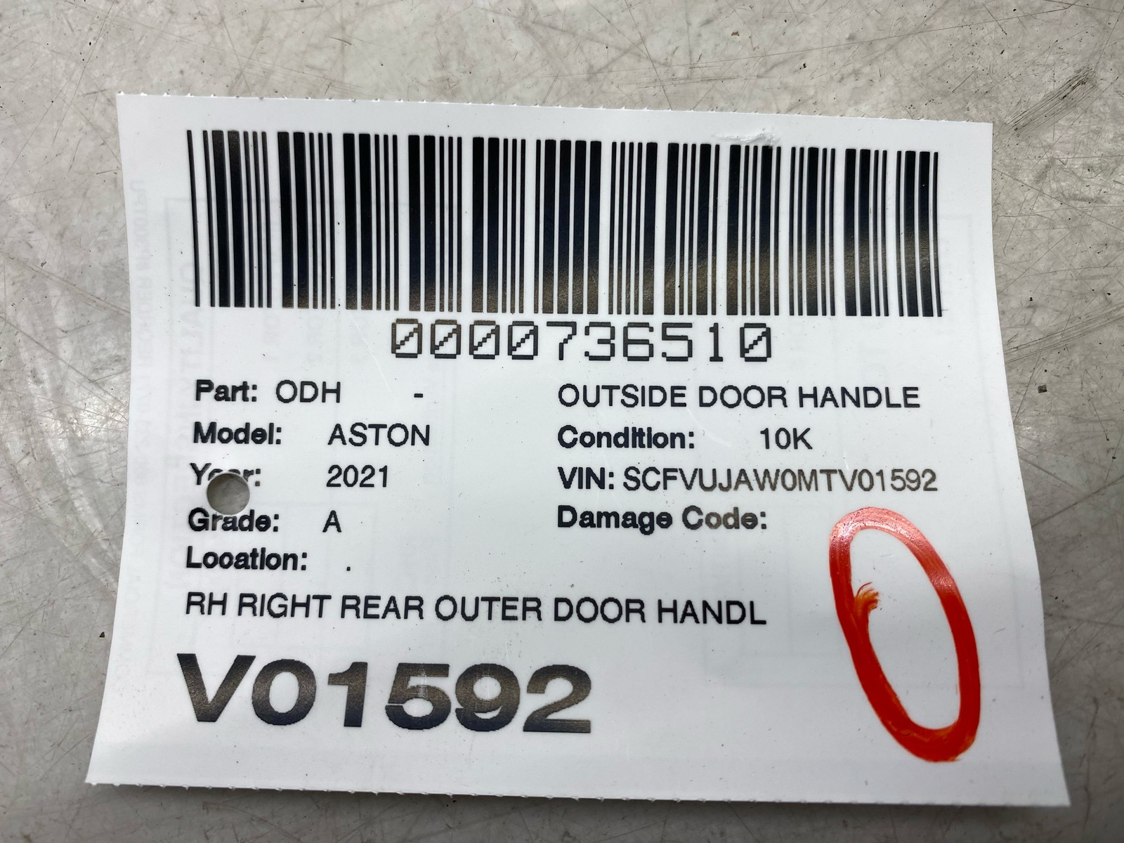 2020-2025 ASTON MARTIN DBX OEM RH RIGHT REAR OUTER DOOR HANDLE HY53-226A29-A