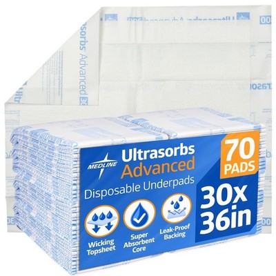Medline Advanced Ultrasorbs Drypads, 30'' x 36'', 70 Count, Large Disposable Bed P
