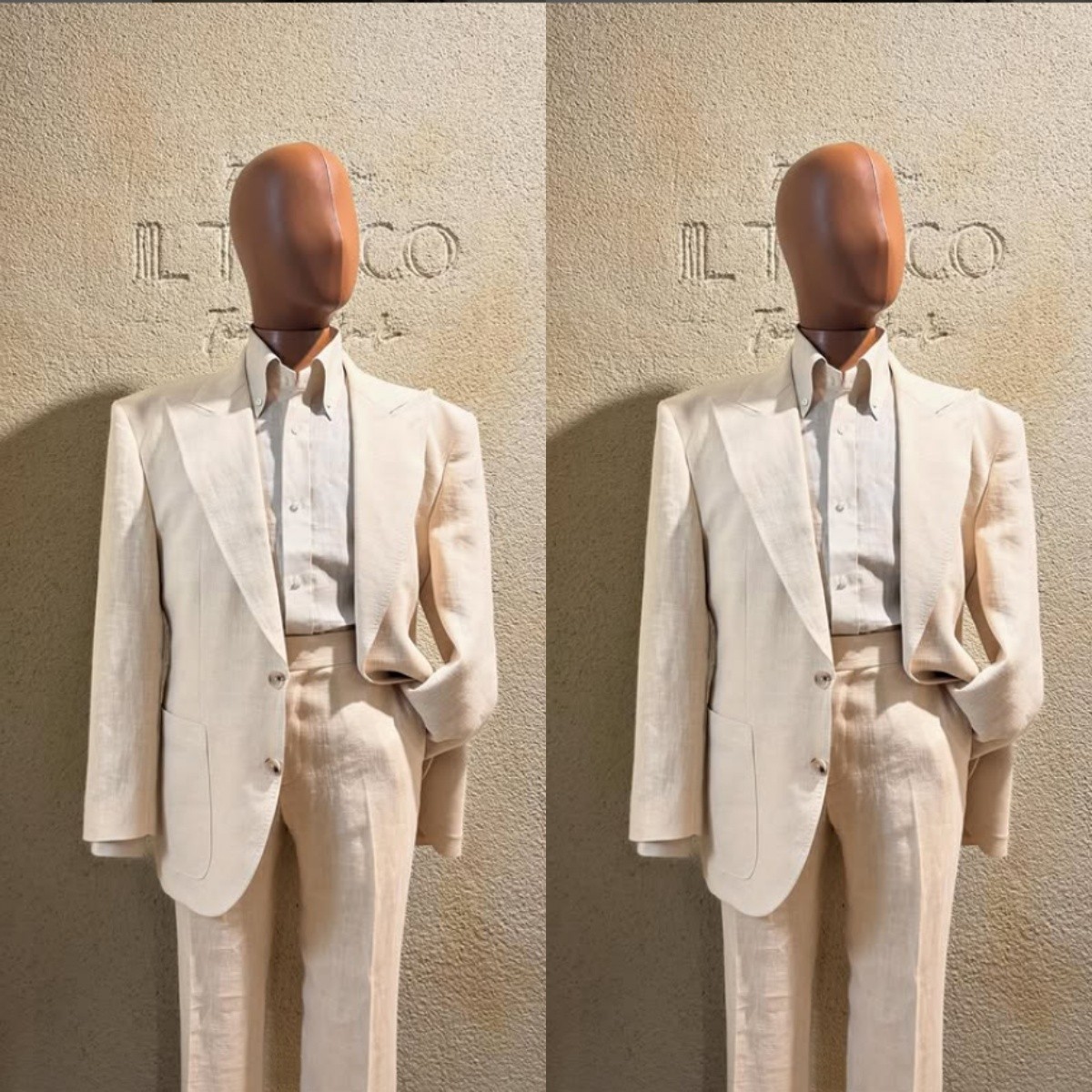 Beige Linen Mens Summer Wedding Suit Peak Lapel Groom Tuxedo 2-Piece