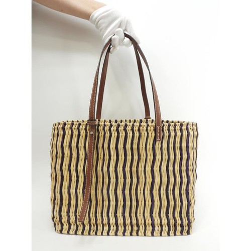 Loewe Paula's Ibiza Basket Bag Palm Leaf Leather Natural Brown Purple Women's