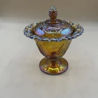 Indiana Glass Marigold Trinket Candy Dish Amber Harvest Grape Lidded Compote VTG