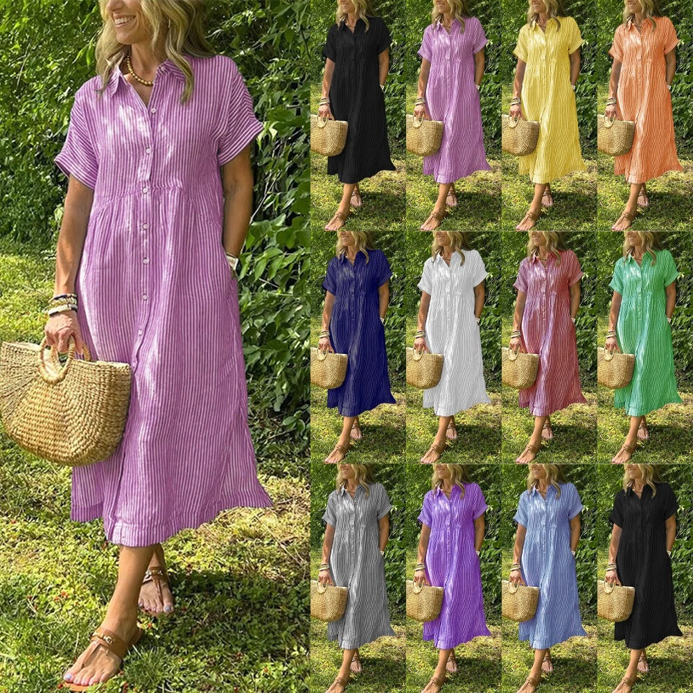 OFF WHITE Abito donna lungo a righe UK donna tasche sciolto scollo a V bottoni taglie forti