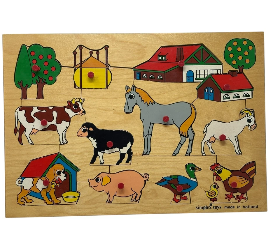 SIMPLEX TOYS Lot 2 Wooden Wood Peg Puzzle Farm Tractor Animals Holland - Image 2 of 4