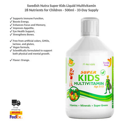 Swedish Nutra Super Kids Liquid Multivitamin - 28 Nutrients for Children 500ml