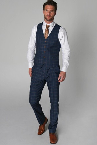 Mens Boys Windowpane Check Suit Blue Wedding Father Son Matching 3 Piece Set - Picture 8 of 24