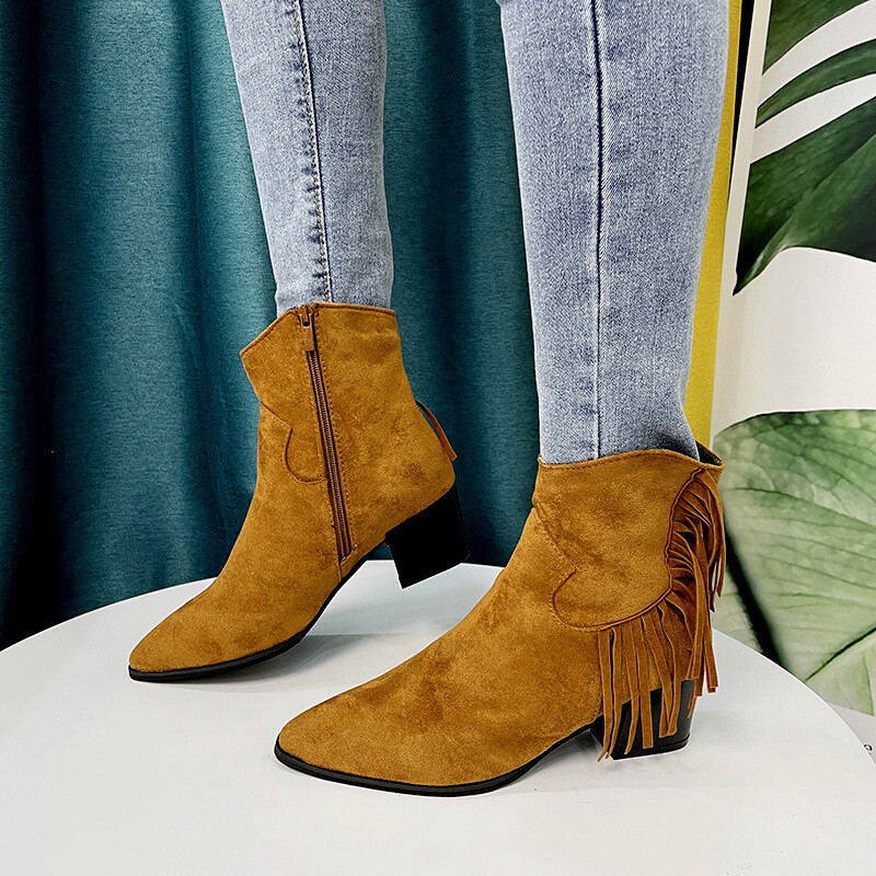 Women's Suede Fringed Ankle Boots Zip 